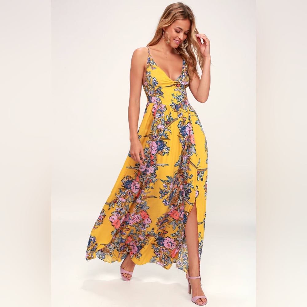 Through the Vine Golden Yellow Floral Print Maxi Dress